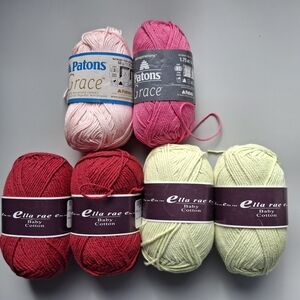 NWT 100% Cotton Patons and Cotton BlendElla Rae Yarn Bundle Red, Green, Pink